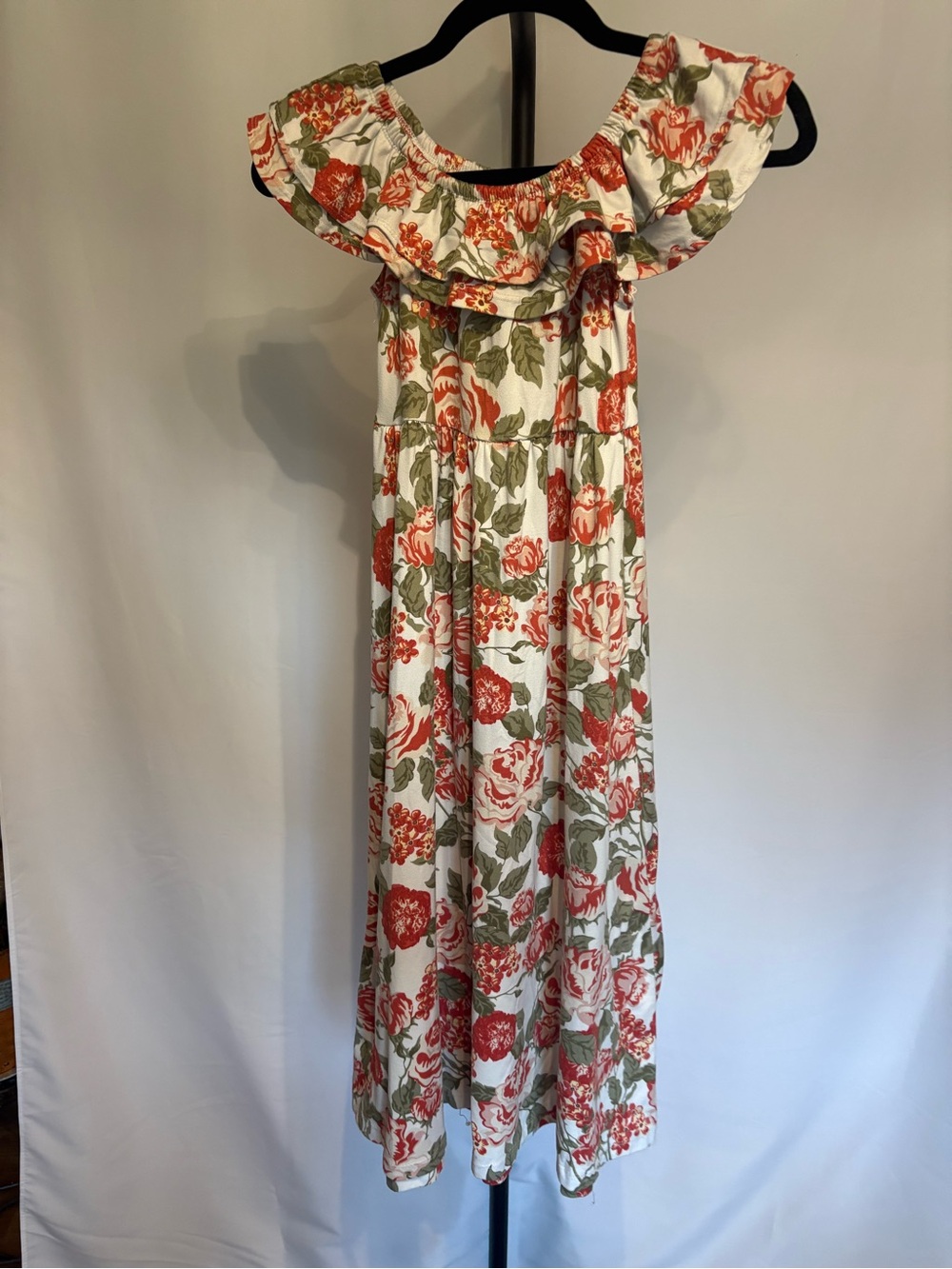 1st Kiss White Floral Off-Shoulder Maxi Dress with Coral and Olive Print